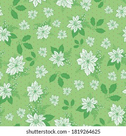 Seamless Christmas pattern with poinsettia, holly, mistletoe and berries with polka dot background design