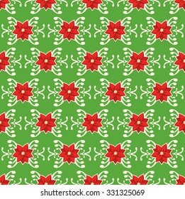 Seamless Christmas Pattern with Poinsettia Ornament Isolated on Green Background