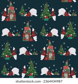 Seamless Christmas pattern with a polar bear, gift boxes, and a Christmas tree on a dark blue background. Winter holidays surface pattern. New Year vector design for wrapping paper and fabric.