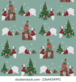 Seamless Christmas pattern with a polar bear, gift boxes, and a Christmas tree on a blue background. Winter holidays vector surface pattern. New Year vector design for packaging, fabric, and wrapping.