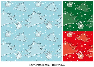 Seamless Christmas pattern with presents, stylized Christmas tree and falling snow and stars. Set of three pattern in green, red or blue background. Global color illustration.