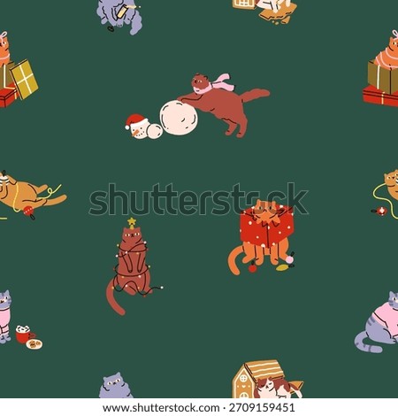 Seamless Christmas pattern, print with funny cute cats. Naughty kitties, felines on winter holidays, New Year and Xmas fun. Seasonal background, flat vector illustration for wrapping paper, textile