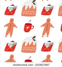 Seamless Christmas pattern with pudding, gingerbread man, cup and letter. Happy New Year and Merry Xmas background. Winter holidays texture.