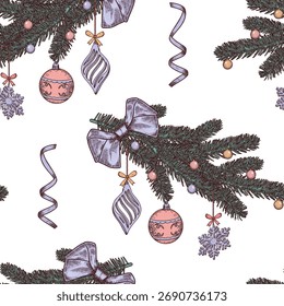 Seamless Christmas pattern with a purple bow, fir branches, christmas decorations, ribbons. Hand drawn vector illustration.
