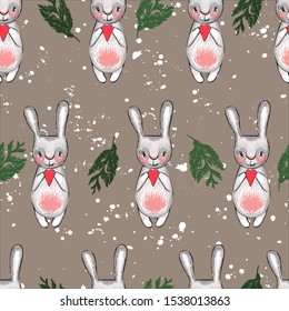 Seamless christmas pattern. Christmas rabbit. Fir branches and holiday decorations. Children's style. Snow background