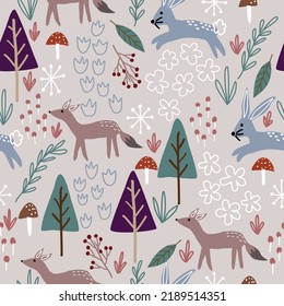 Seamless Christmas pattern with rabbits, fox, Christmas trees, flowers, trees, grass, mushrooms, snowflakes and berries. Colorful vector,hand drawing. design for fabric, print, wrapper