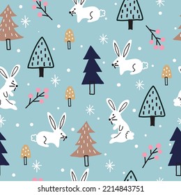 Seamless Christmas pattern with rabbits, Christmas trees, mushrooms, berries, snow and dots. Used as wallpaper. Textiles and baby clothes