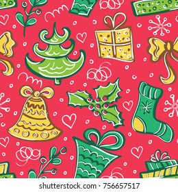 Seamless Christmas pattern with red background. Hand drawing vector illustration. Great for gift wrap, gift cards, print on textile, and more. 