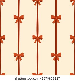 Seamless Christmas pattern with red bows and vertical ribbons on a beige background. Suitable for wrapping paper, festive packaging, greeting cards, textiles, and decorative projects.