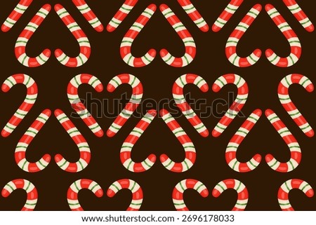 Seamless Christmas pattern with red candy canes forming hearts. Hand drawn trendy flat style. Cute festive vector design Ideal for wrapping paper, textiles, cards, holiday decor. Vector illustration