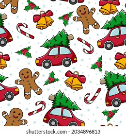 Seamless Christmas pattern with 
red car, candy cane, gingerbread man and bells in doodle style.