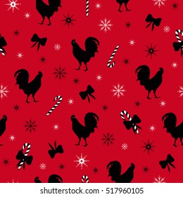 seamless christmas pattern red with cock , bow, snowflakes
