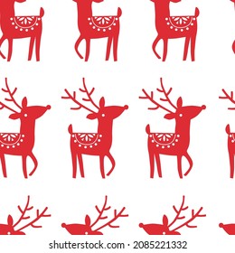 Seamless Christmas pattern with red deer on white background. Vector illustration. 