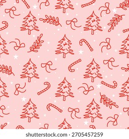 Patrón de Navidades sin fisuras con árboles de garabatos rojos, bastones de caramelo, arcos, estrellas y ramas sobre un fondo rosa suave, perfecto para envolver las vacaciones, diseños festivos y decoraciones de temporada. Vector.