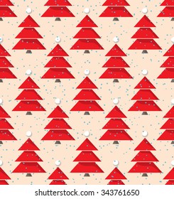 Seamless Christmas Pattern with red Evergreen Trees.