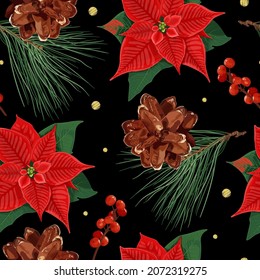 Seamless Christmas pattern with red Christmas flower Poinsettia, berries, golden confetti, pine cone and branches. Realistic botanical illustration. Stock vector illustration on black background.