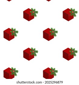 Seamless Christmas pattern with red gift box and holly bouquet.