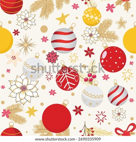 Seamless Christmas pattern with red and gold ornaments, white poinsettia flowers, stars, and pine branches on light background, festive design for wrapping paper and fabric