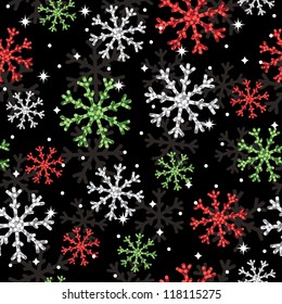 seamless christmas pattern of red, green and silver glitter snowflakes, with clipping path