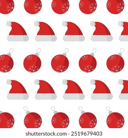 Seamless Christmas pattern with red Christmas hats and Christmas tree balls on a white background.