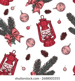 Nahtloses Weihnachtsmuster mit roter Kerosinlampe, Tannenzweigen und Weihnachtsbaumschmuck. Handgezeichnete Vektorgrafik.