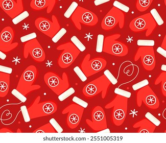Seamless Christmas pattern with red mittens on a red background. New Year's pattern for wrapping paper, textile, print.