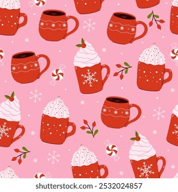 Seamless Christmas pattern with red mugs with winter drinks. Vector graphics.