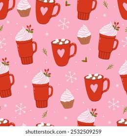 Seamless Christmas pattern with red mugs with winter drinks. Vector graphics.