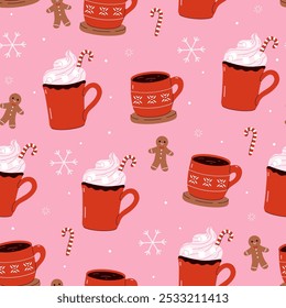 Seamless Christmas pattern with red mugs with winter drinks. Vector graphics.