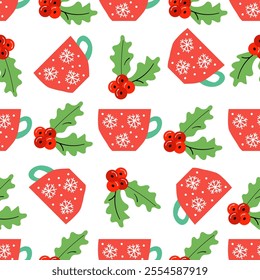 Seamless Christmas pattern of red mugs with snowflakes and green holly leaves with red berries on  white background. Perfect for Christmas packaging, textiles, wrapping paper. Vector illustration.