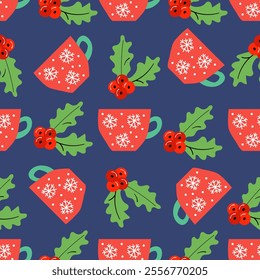 Seamless Christmas pattern of red mugs with snowflakes and green holly leaves with red berries on  blue background. Perfect for Christmas packaging, textile, wrapping paper. Vector illustration.