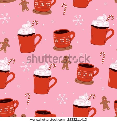 Seamless Christmas pattern with red mugs with winter drinks. Vector graphics.