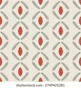 Seamless Christmas pattern with red pinecone shaped ornaments decorated with yellow pattern on light background. Festive winter illustration perfect for wrapping paper, textiles, holiday decor and packaging.