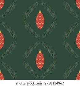Seamless Christmas pattern with red pinecone shaped ornaments decorated with yellow pattern on green background. Festive winter illustration perfect for wrapping paper, textiles, holiday decor.