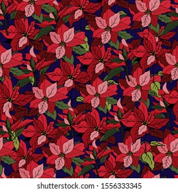 Seamless christmas pattern of red poinsetia flowers. Hand-drawn textile vector illustration for fabric, tile and paper.