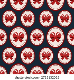 Seamless Christmas pattern with red ribbon bows framed in decorative medallions on a dark blue background. Festive holiday illustration suitable for wrapping paper, textiles, wallpapers, stationery, packaging, branding and seasonal design