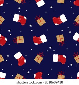 Seamless Christmas pattern. Red santa's boot, gifts and snowflakes, blue background. For printing on fabric, paper, for gift and interior decoration
