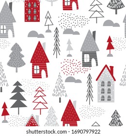 Seamless Christmas pattern with red and silver tree and house