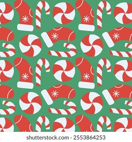 Seamless Christmas pattern with red socks and candy canes on green background. Festive vector design.