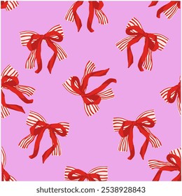 Seamless Christmas Pattern with Red White Striped Ribbon and Red Ribbon