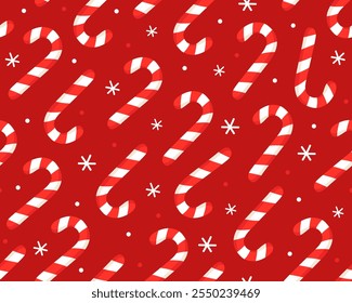 Seamless Christmas pattern with red and white striped candy canes on a red background. New Year's pattern for wrapping paper, textile, print.