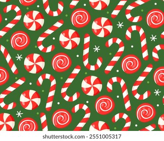 Seamless Christmas pattern with red and white striped candy canes and round sweet candies on a green background. New Year's pattern for wrapping paper, textile, print.