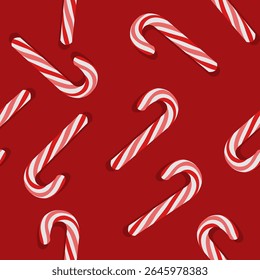 Seamless Christmas pattern with red and white candy canes on festive red background. Great for seasonal wrapping, textiles, and decorations.