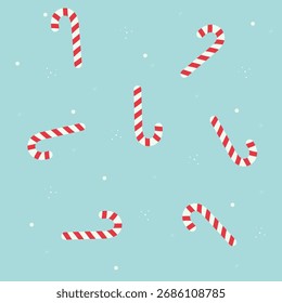 Patrón de Navidades sin fisuras con bastones de caramelo rojos y blancos sobre fondo azul, diseño festivo de invierno para papel de regalo, textil, Fondo de pantalla y decoración navideña.