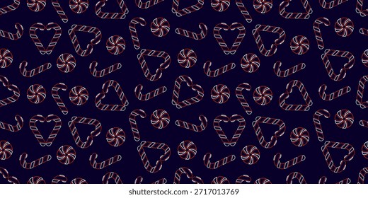 Seamless Christmas pattern with red and white striped candy canes and sweets in outline style on dark blue background. Perfect for textile printing, wrapping paper, and festive holiday designs