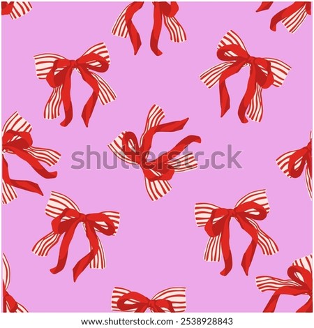 Seamless Christmas Pattern with Red White Striped Ribbon and Red Ribbon
