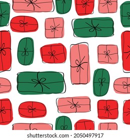 Seamless Christmas pattern. Red,green and pink gifts on a white background. vector texture. trend print for textiles, postcards and packaging.