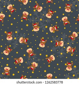 Seamless Christmas pattern with Rednosed Reindeer on a background snowfall and shooting stars. Perfect for gift wrapping paper or background for holiday designs