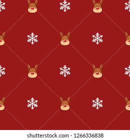 Seamless Christmas pattern with Rednosed Reindeer on a background snowfall and shooting stars. Perfect for gift wrapping paper or background for holiday designs
