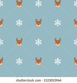 Seamless Christmas pattern with Rednosed Reindeer on a background snowfall and shooting stars. Perfect for gift wrapping paper or background for holiday designs